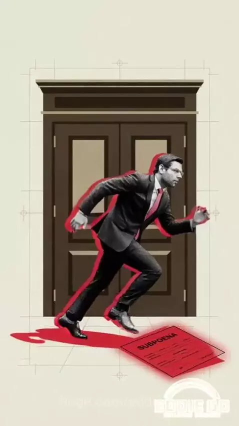Animated graphics showing money falling, jail bars, and a swamp scene, with a baby in a suit.