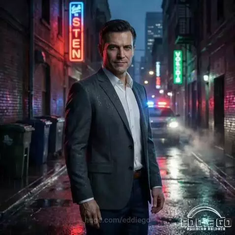 Man in suit speaking about inner happiness, with visuals of city, car, greenhouse, and data center.