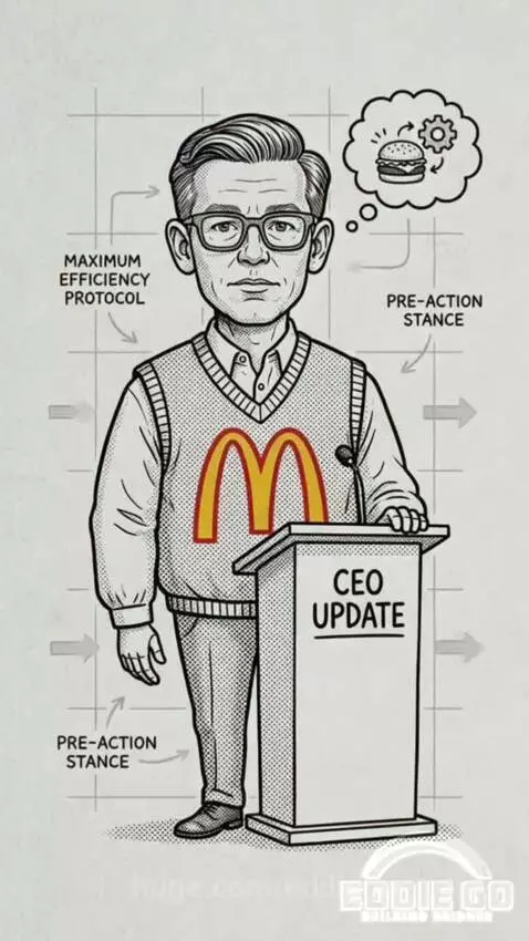 McDonald's CEO taking a tiny, awkward bite of a large burger, looking nervous.