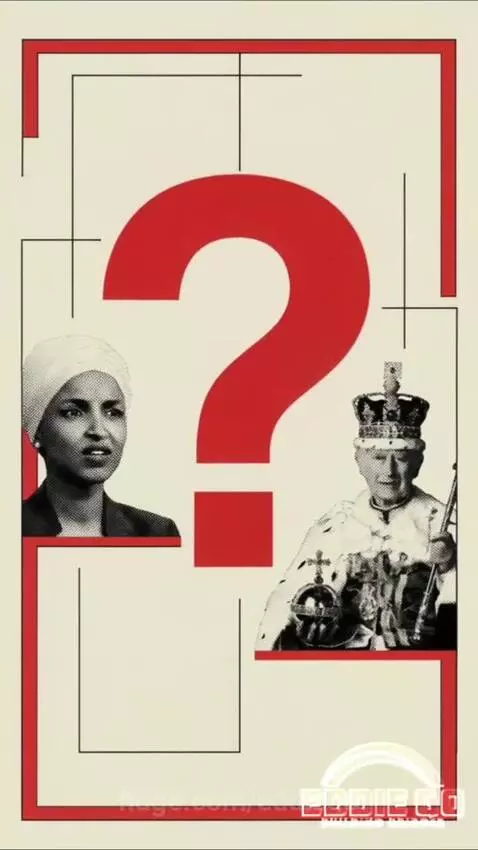 Man in blue sweater pointing at screen showing Capitol building, graphics of Ilhan Omar, King Charles III, and money being wasted.