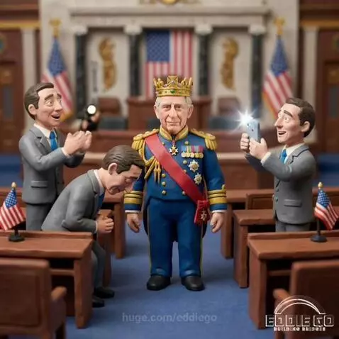 Claymation King Charles III applauded by politicians in Congress, contrasting with a 'NO KINGS' sign.