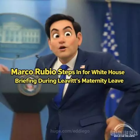 Animated Marco Rubio at a podium making exaggerated facial expressions during a White House briefing.
