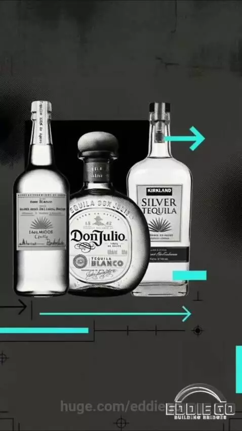 Man in blue sweater discussing tequila fraud allegations against popular brands with animated graphics.