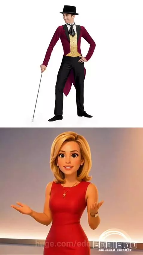 Animated woman discussing California's tax policies and immigrant impact, with graphics of a shrinking map and TV screen.