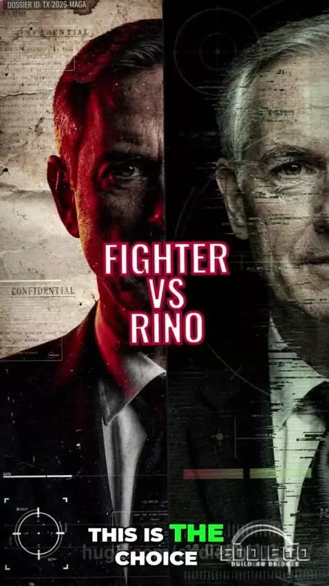 Political ad comparing Ken Paxton and John Cornyn, showing 'Fighter vs RINO' and 'REJECTED' stamps.