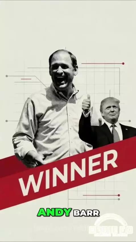 Animated man in suit announcing Andy Barr's victory and Mitch McConnell's departure from Kentucky politics.