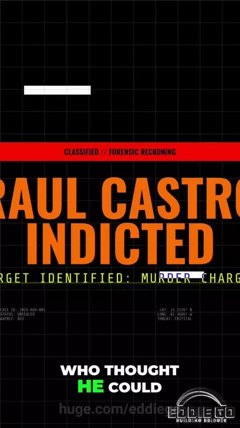 AI woman in blue dress reporting on Raul Castro's indictment for murder charges.