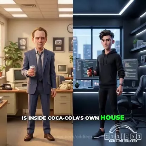 Animated man in a suit facing a fridge with only Coke Zero, representing the Diet Coke vs. Coke Zero rivalry.