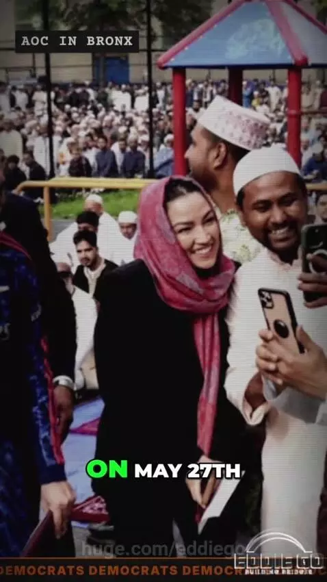 Animated woman in red dress points to footage of AOC wearing a headscarf at a Muslim center.