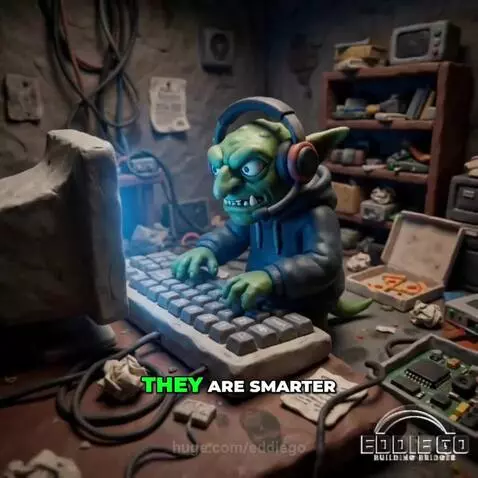 Claymation man overwhelmed by phones, with a goblin scammer character nearby.