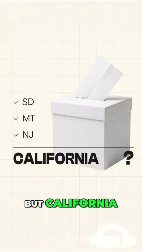 Animated man in suit pointing at a pile of ballots, comparing California's slow count to faster international results.