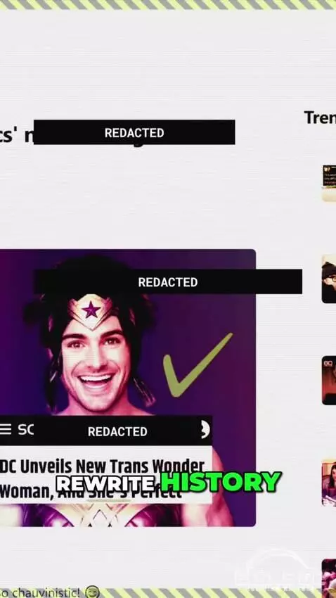 Man in Wonder Woman costume with glitching Wonder Woman image and 'DC GOES WOKE' text overlay.