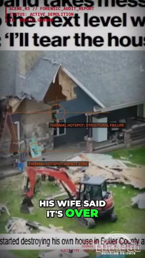 Aerial view of a house severely damaged by an excavator, with visible structural breaches.