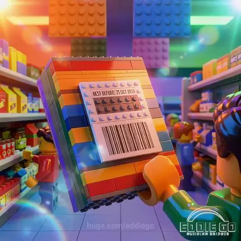 Animated Lego character looking confused at food expiration dates, with money symbols.