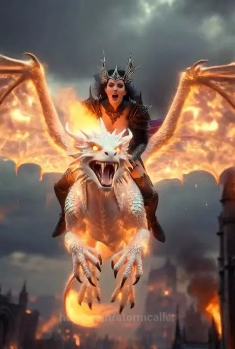 Female warrior in dark armor riding a white dragon breathing fire over a burning castle.