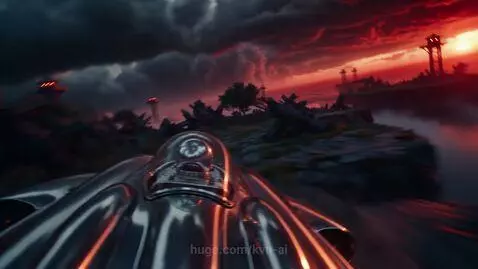 Astronaut in a white suit with orange and blue goggles piloting a chrome futuristic vehicle through a stormy red landscape.