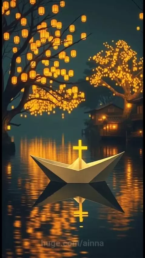 White paper boat with a golden cross sailing on a glowing star path across a calm sea at sunset.