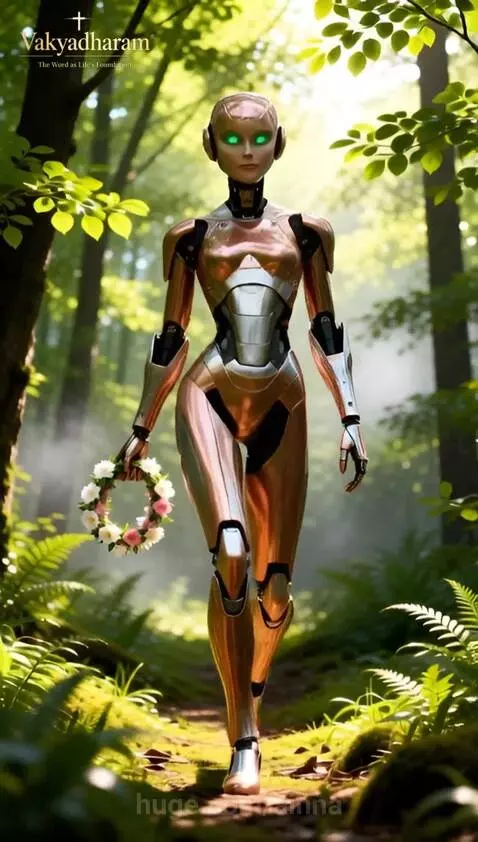 Two robots placing a flower wreath on a mossy stone altar as a glowing book descends.