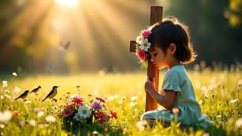 A child kneels and prays beside a wooden cross decorated wit... by ainna