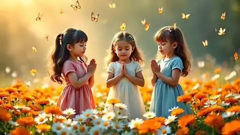 children stand in a circle of daisies and marigolds, holding... by ainna