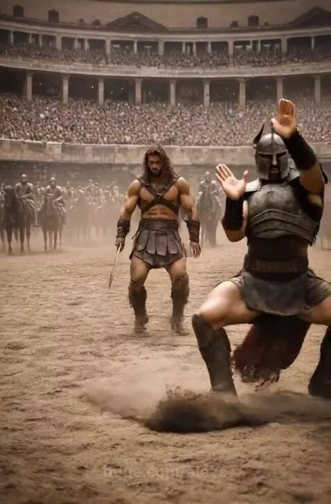 Two muscular gladiators in ancient Roman attire, one with a sword and dust, the other in a horned helmet, stand ready in a crowded arena.