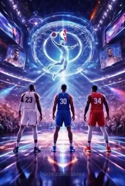 Animated NBA players, including LeBron James, Stephen Curry, and Kevin Durant, on a glowing court during All-Star weekend.