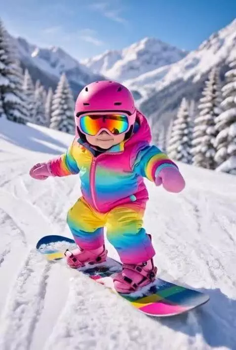 Baby in a rainbow snowsuit and pink helmet smiling on a snowboard with snowy mountains in the background.