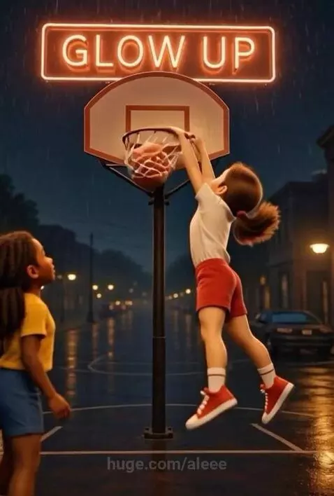 Two young girls playing basketball on a rainy night, one dunks the ball splashing water.