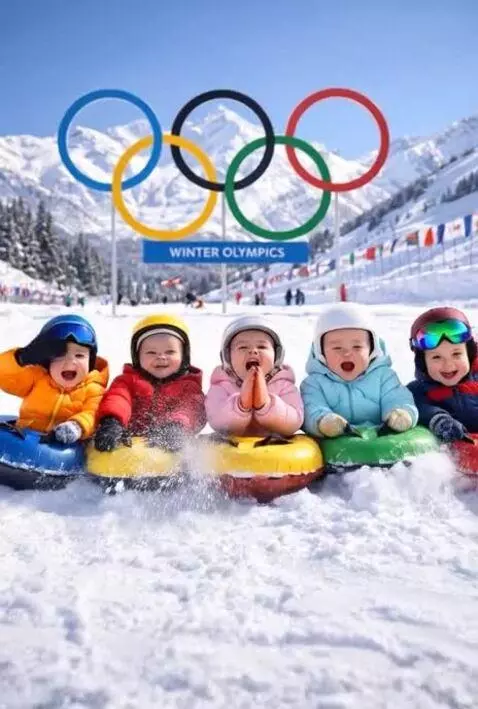 Five babies in snowsuits and helmets slide down a snowy slope in snow tubes, with Olympic rings above.