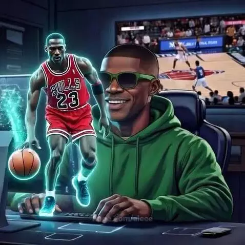 Man in green hoodie watches a glowing Michael Jordan hologram shoot a basketball.
