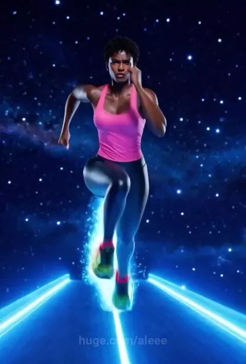 Animated woman with short dark hair in pink tank top and black leggings performing fitness exercises with glowing blue light trails on a starry background.