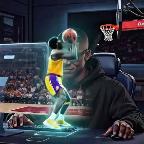 Holographic basketball player in Lakers jersey performing a sky hook shot after a spin move.