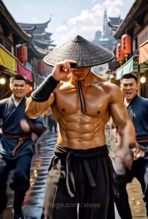 Muscular man in straw hat performing martial arts moves in a street market and on a beach.