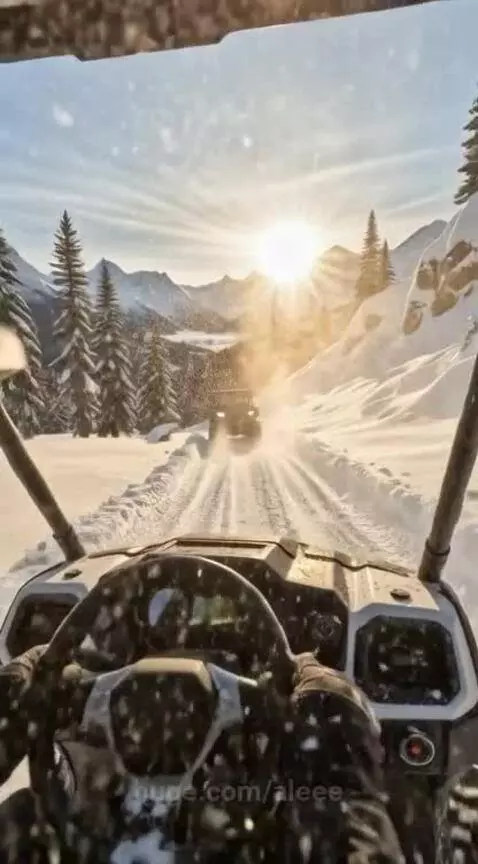 First-person view of a UTV driving on a snowy path with snow-covered mountains and pine trees.
