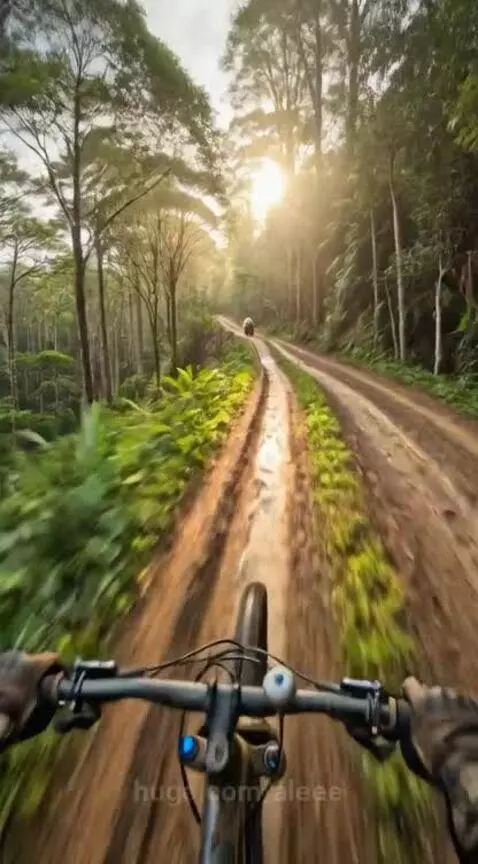 First-person view of a mountain biker on a muddy forest path as a large brown bear walks towards the camera.