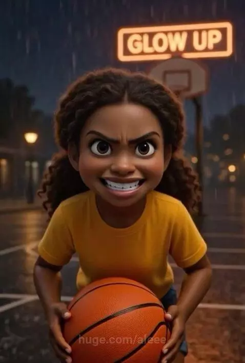 Two animated girls playing intense street basketball at night in the rain under a neon 'GLOW UP' sign.