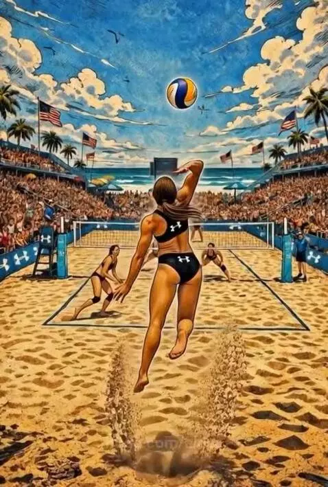 Stylized illustration of a female beach volleyball player mid-air spiking the ball, with a cheering crowd and ocean in the background.