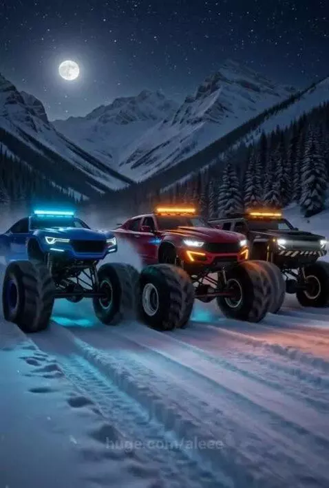 Three monster trucks driving through a snowy mountain valley at night, with bright LED lights illuminating the scene.