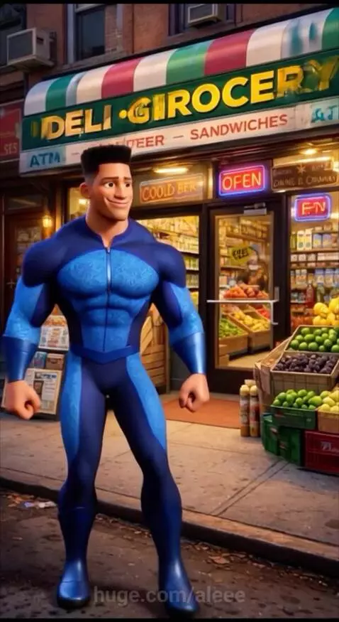 Animated superhero in a blue suit running at super speed towards a deli grocery store entrance.