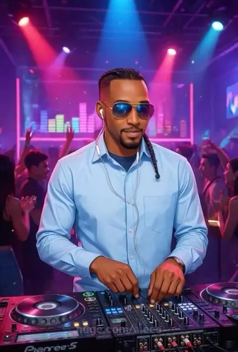 Young boy dribbling a basketball in the rain at night, with a DJ mixing music in a nightclub in the background.