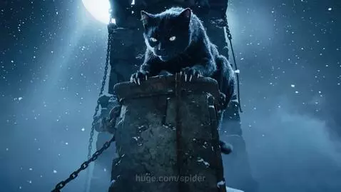 Animated black cat with glowing eyes and sharp fangs on a snowy pillar under moonlight.