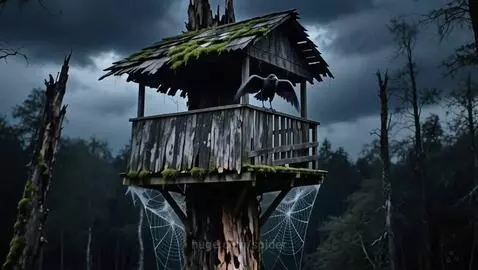 Moss-covered treehouse in a dark forest, a crow lands, revealing a witch with fangs.