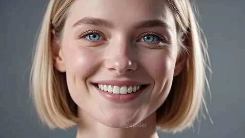 Close-up of a young woman with blonde bob hair, blue eyes, fair skin, and a natural makeup look, smiling.