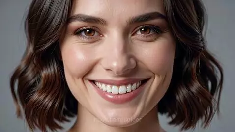 Close-up of a young woman with short brown hair and brown eyes smiling warmly.