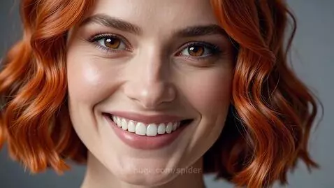 Close-up of a woman with short, wavy, reddish-orange hair, light brown eyes, and fair skin wearing light makeup.