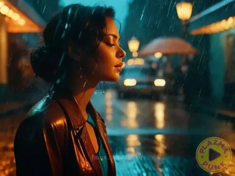 Woman in brown jacket on a rainy city street at night, streetlights reflecting on wet pavement.