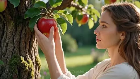 Close-up of a woman with long brown hair taking a bite of a red apple in an orchard.