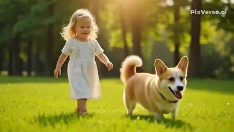 Little girl walking welsh corgi by spider