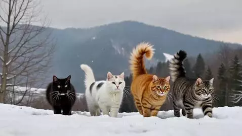 Cats walking snowy road. by mwp