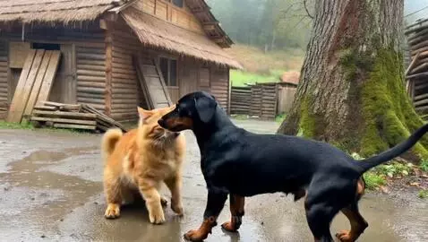 Cat plays with the dog by mwp